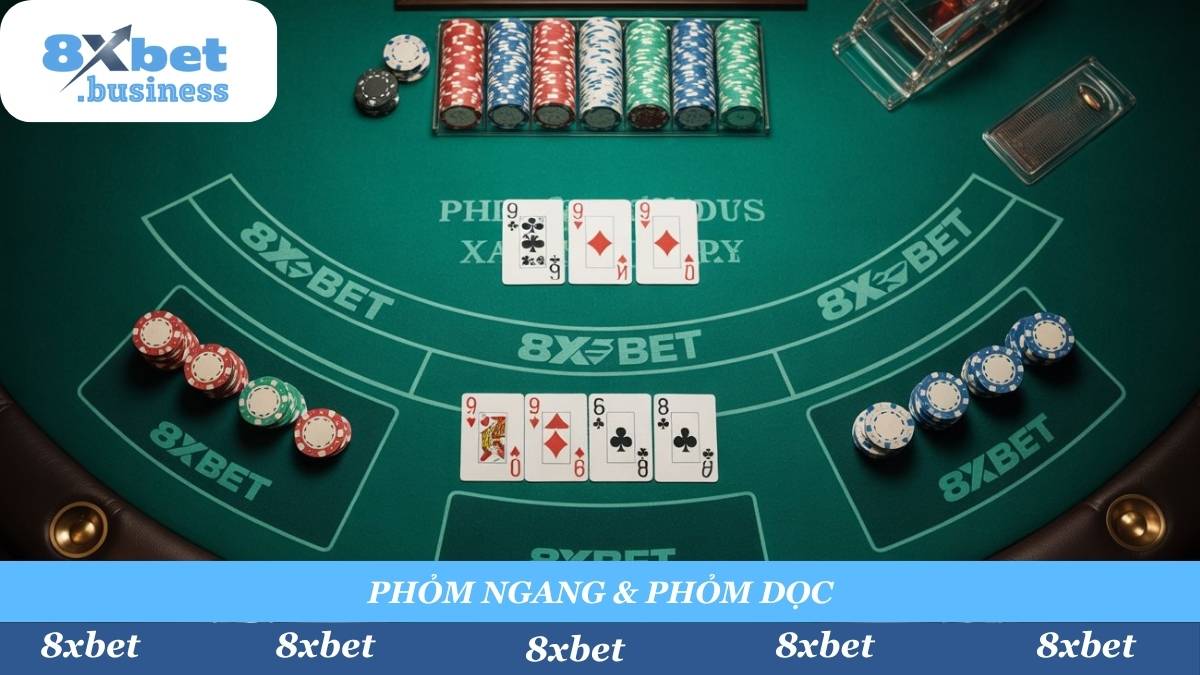 Nắm vững 2 loại Phỏm cơ bản: Phỏm Ngang (bộ 3-4 lá cùng số) và Phỏm Dọc (bộ 3+ lá đồng chất liên tiếp) là chìa khóa chiến thắng tại Phỏm 8xbet.